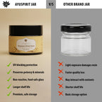 Ayuspirit Himalayan Shilajit Resin UV blocking dark glass jar versus clear glass competitor jar comparison UV blocking non reactive food safe longer shelf life