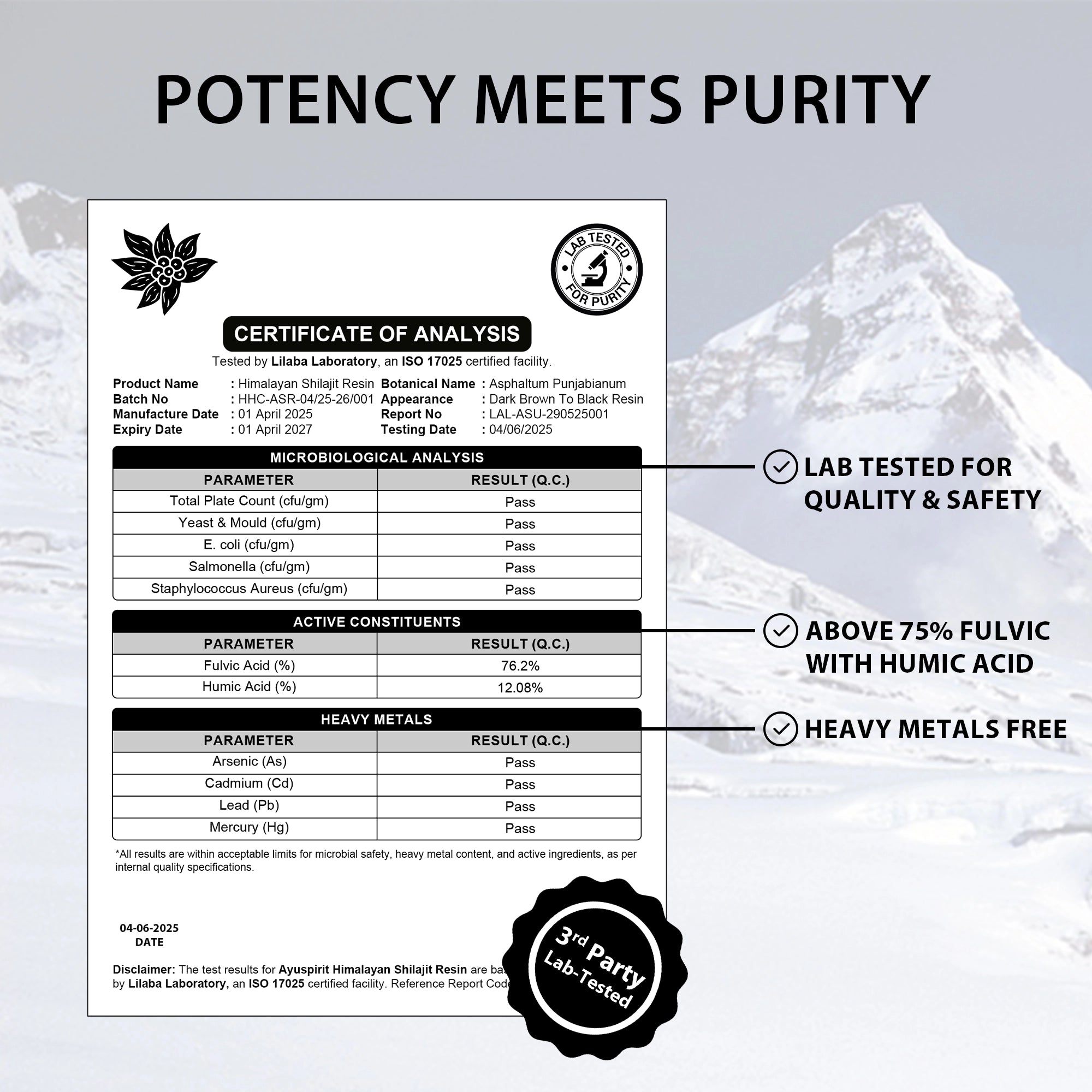 Ayuspirit Himalayan Shilajit Resin certificate of analysis Lilaba Laboratory ISO 17025 showing 76.2% fulvic acid 12.08% humic acid heavy metals free lab tested for quality and safety