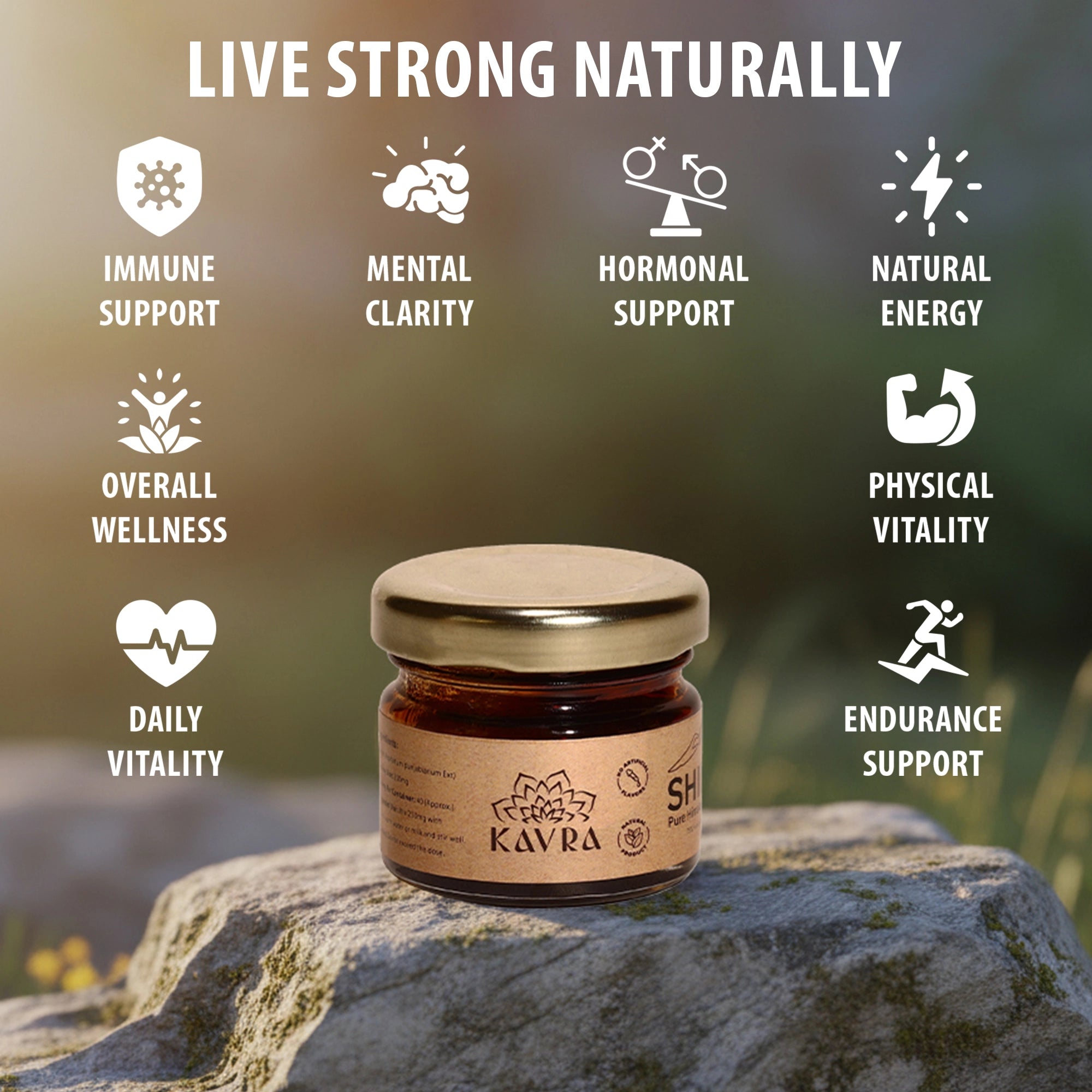 Kavra shilajit resin glass jar with kraft label next to branded wooden container