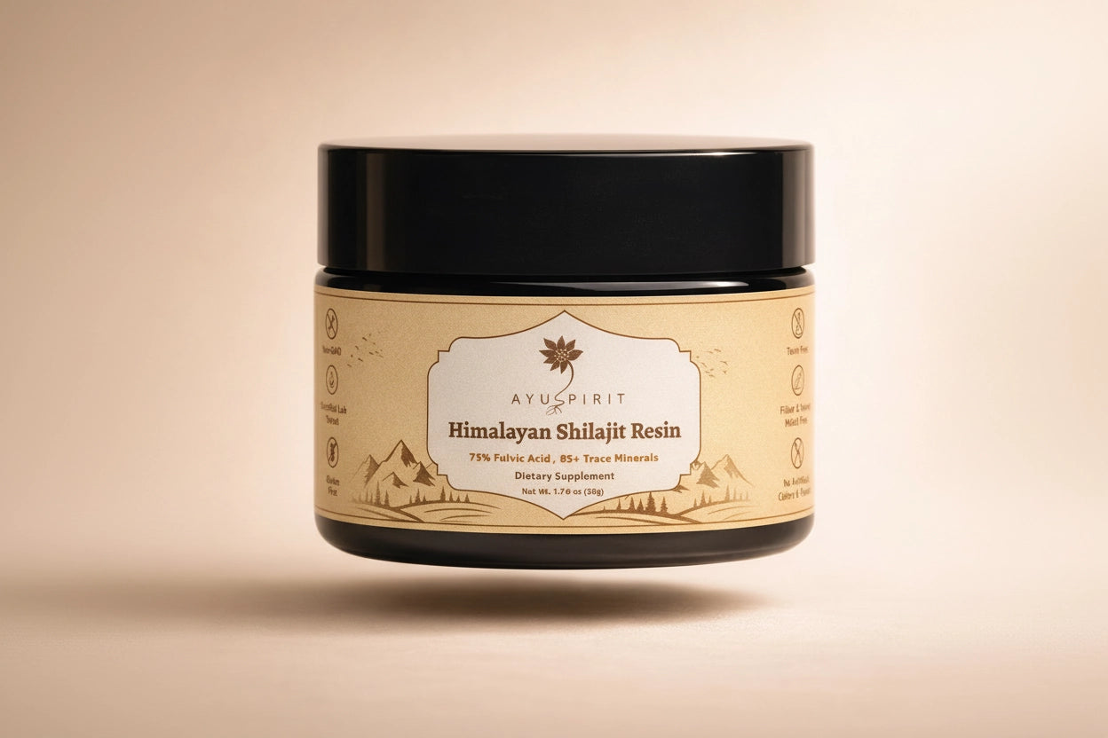 Ayuspirit Himalayan Shilajit Resin 38g black jar with gold kraft label 75% fulvic acid 85 trace minerals dietary supplement
