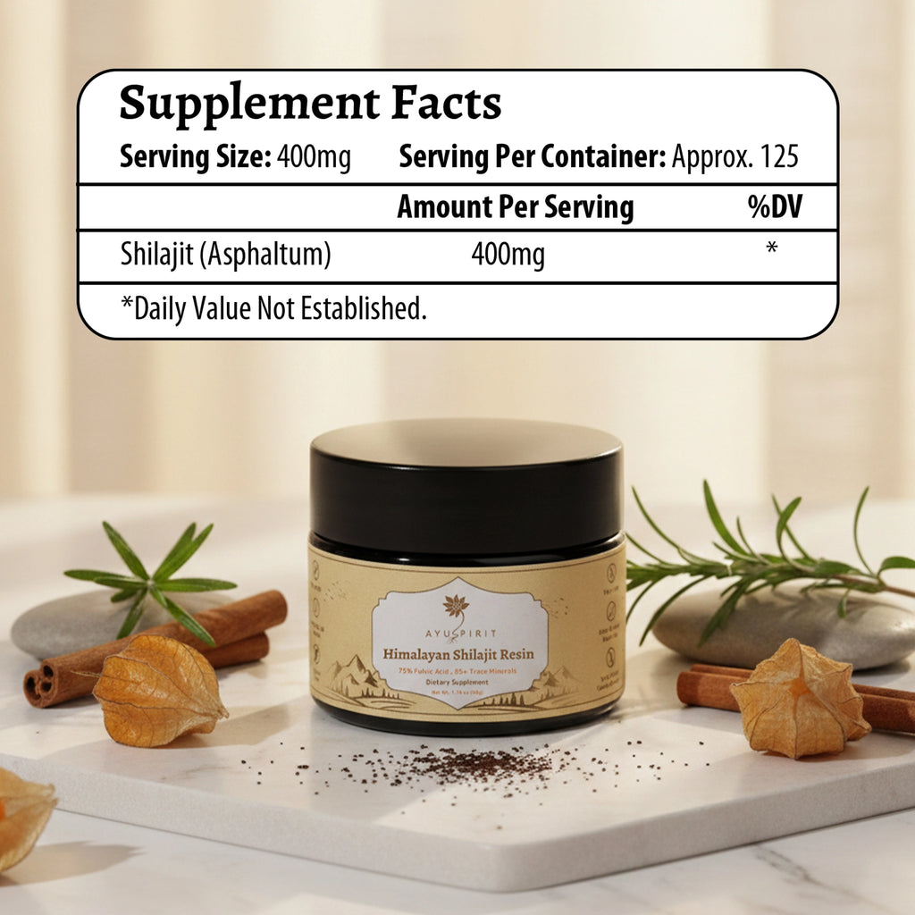 Ayuspirit Himalayan Shilajit Resin supplement facts label 400mg serving size 125 servings per container with black jar on marble surface
