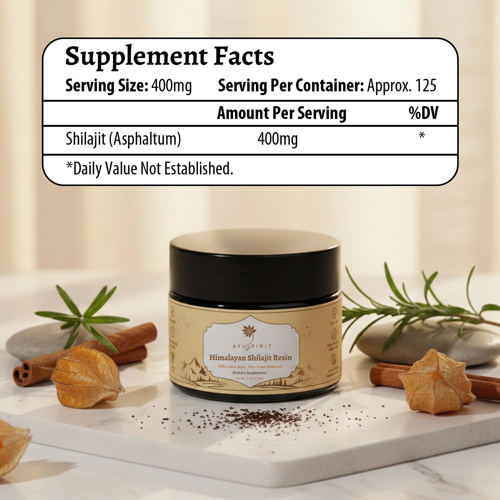 Ayuspirit Himalayan Shilajit Resin supplement facts label 400mg serving size 125 servings per container with black jar on marble surface