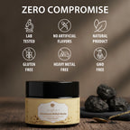 Ayuspirit Himalayan Shilajit Resin zero compromise infographic showing lab tested no artificial flavors natural product gluten free heavy metal free GMO free icons with raw shilajit rocks